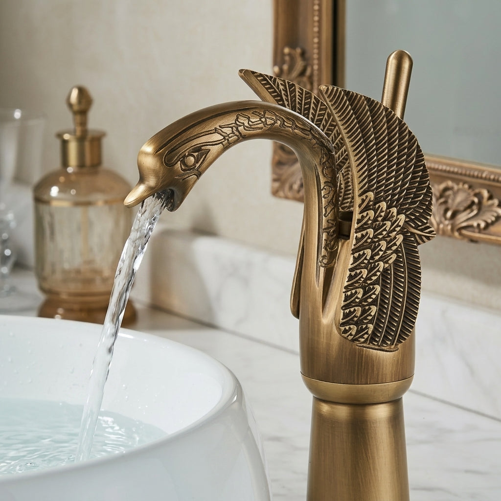 Mitigeur de lavabo cygne sculpté - Laiton antique MaisonBrass