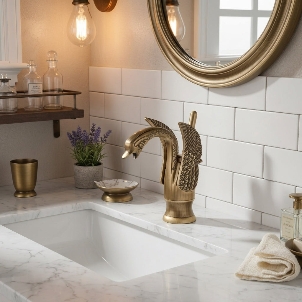 Mitigeur de lavabo cygne sculpté - Laiton antique MaisonBrass