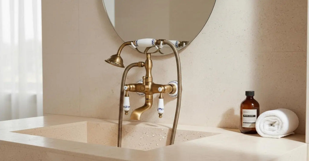 Mélangeur de baignoire rétro en laiton antique & poignées céramiques MaisonBrass