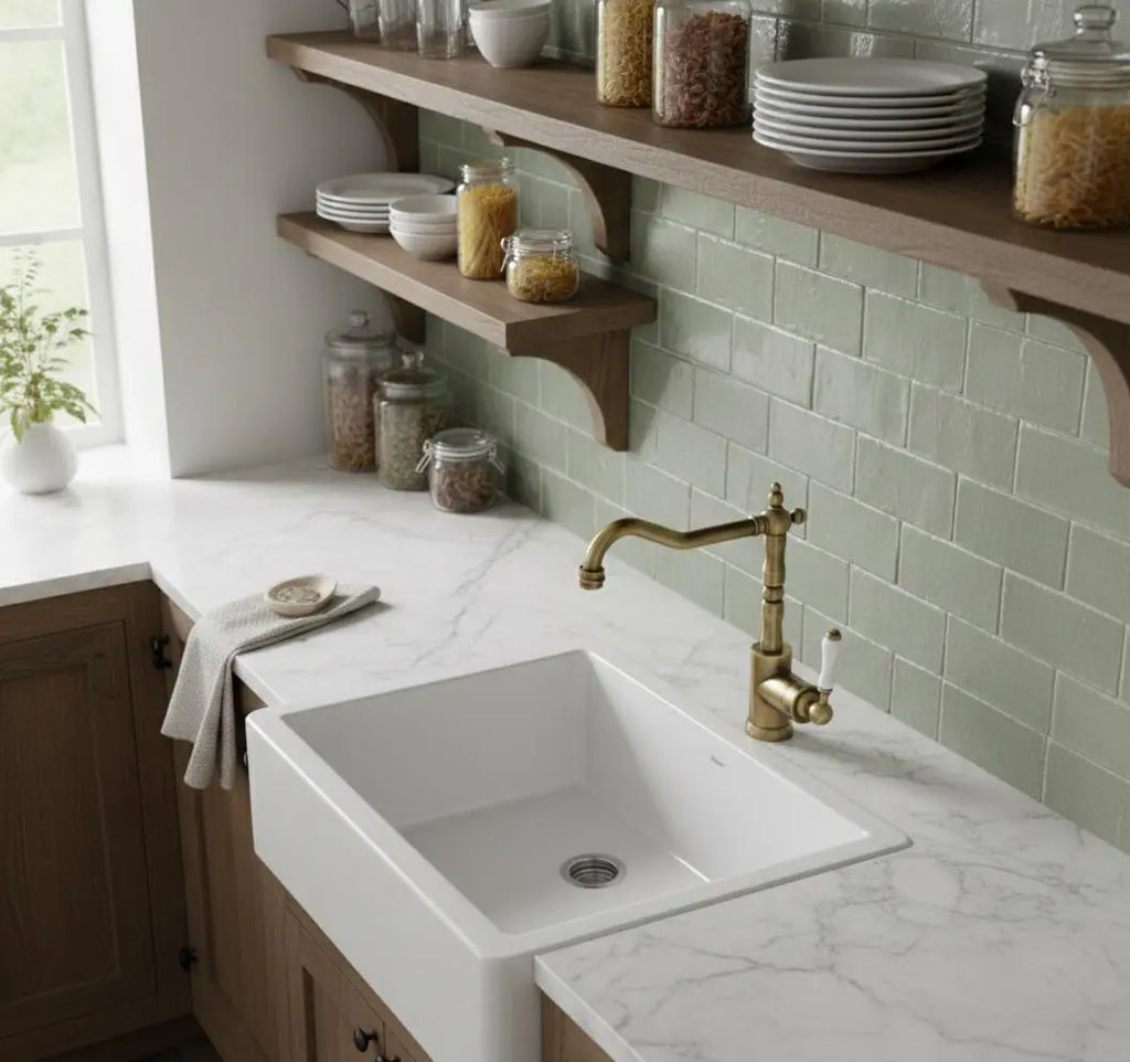Mitigeur de cuisine en laiton antique & manette céramique blanche MaisonBrass