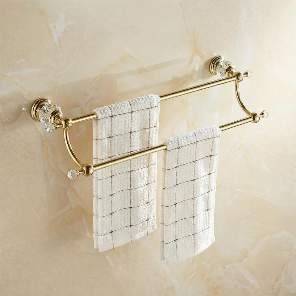 Gold Double Towel Bar - Wall Mounted Brass Towel Rack - Crystal End Towel Holder - Dual Rail Bathroom Accessory - Luxury Bathroom Towel Bar MaisonBrass