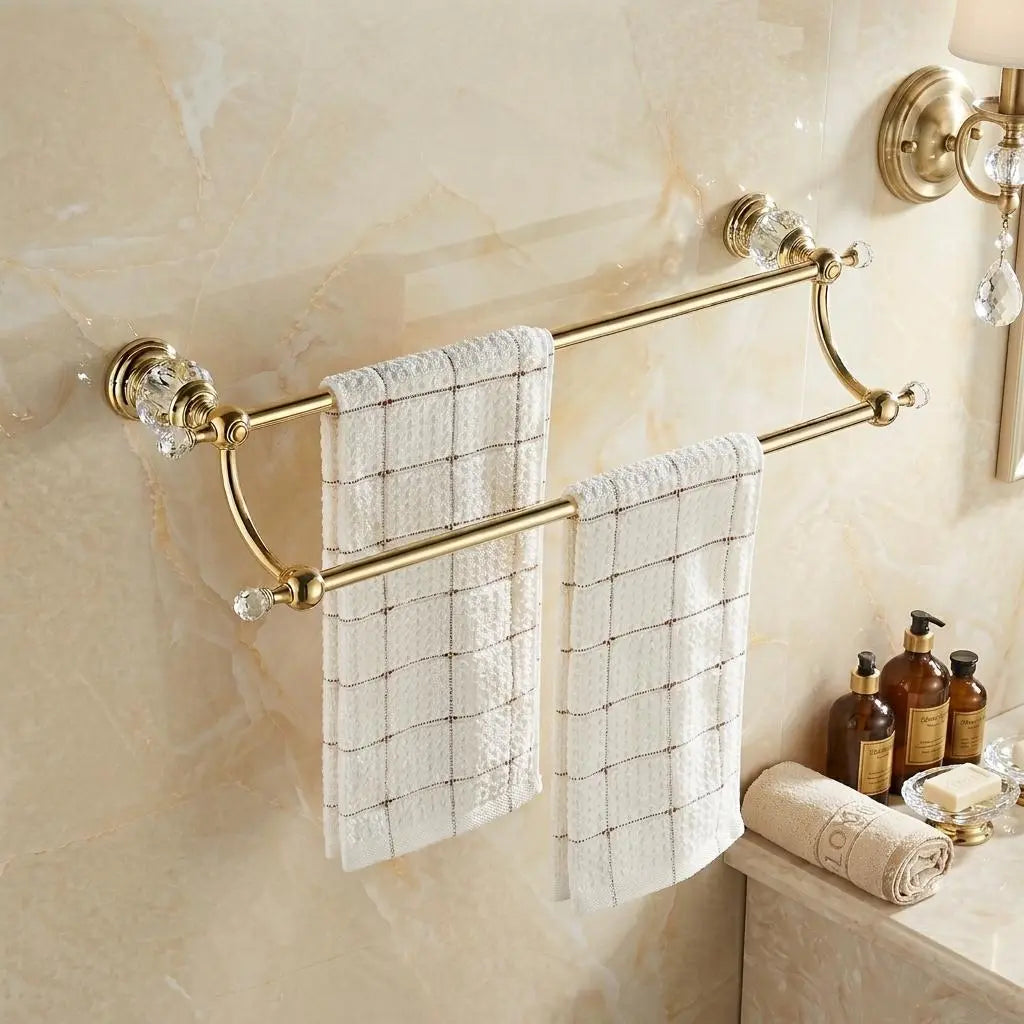 Gold Double Towel Bar - Wall Mounted Brass Towel Rack - Crystal End Towel Holder - Dual Rail Bathroom Accessory - Luxury Bathroom Towel Bar MaisonBrass