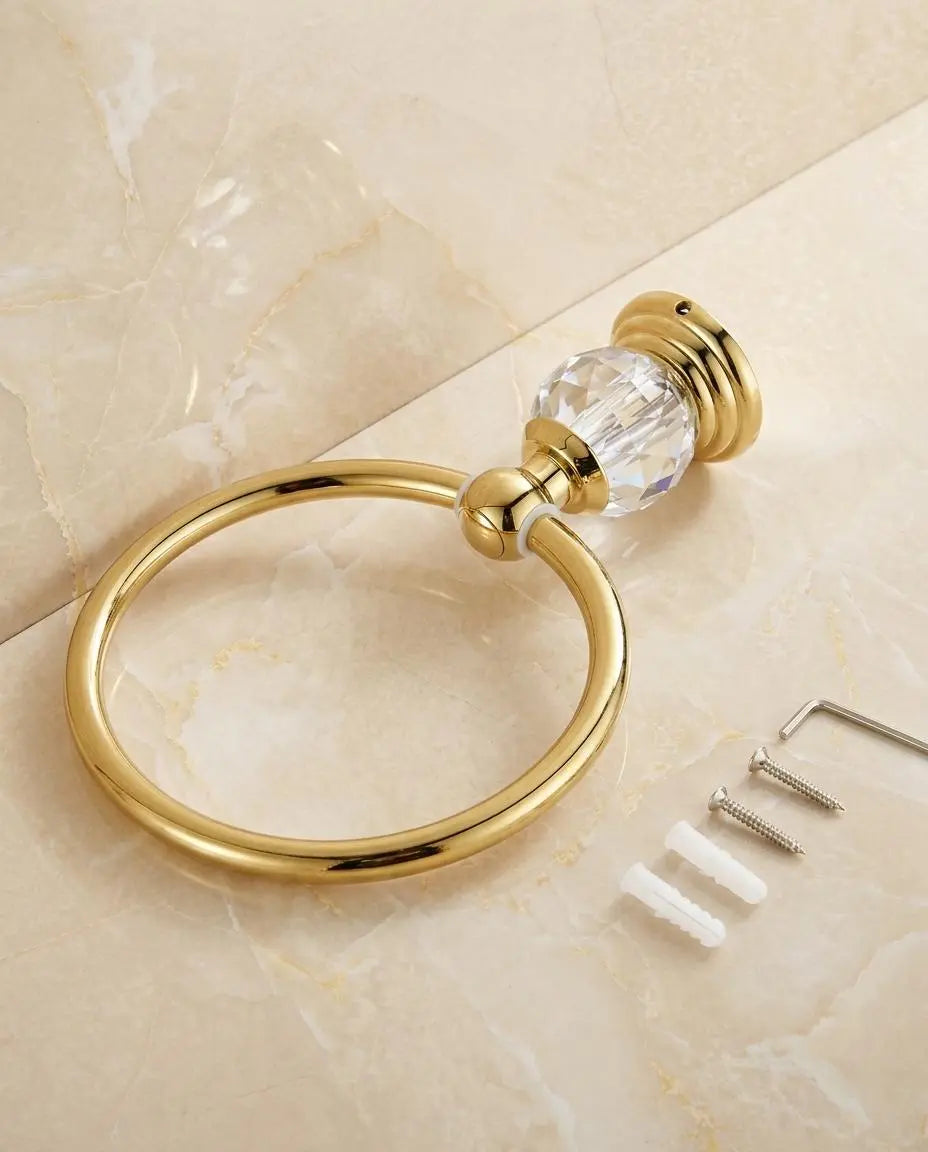 Gold Hand Towel Ring with Crystal Base — Vintage Brass Bathroom Towel Holder — Elegant Wall Mounted Towel Rack — Luxury Bathroom Decor Gift MaisonBrass