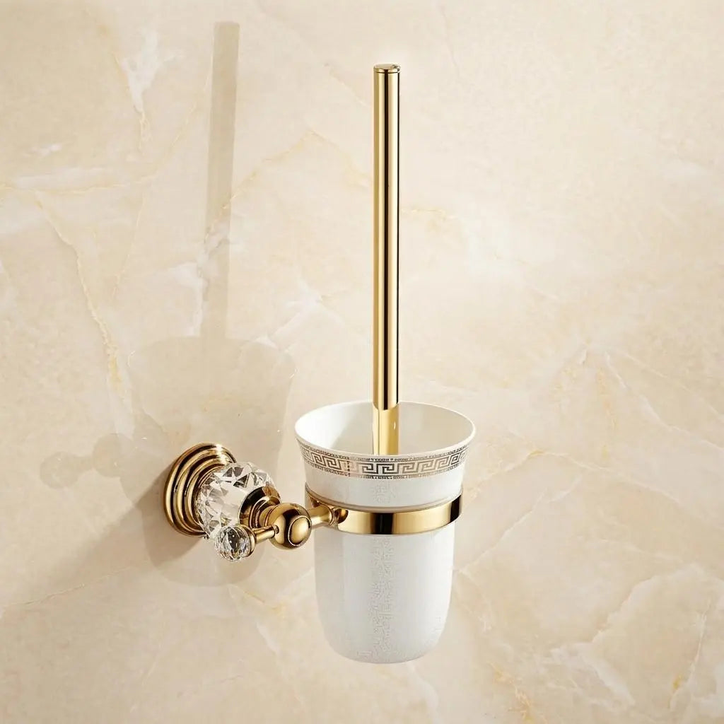 Luxury Gold Toilet Brush Holder — Crystal Wall Mounted Bathroom Set — Elegant White Ceramic Scrubber — Neoclassical Decorative Restroom Gift MaisonBrass