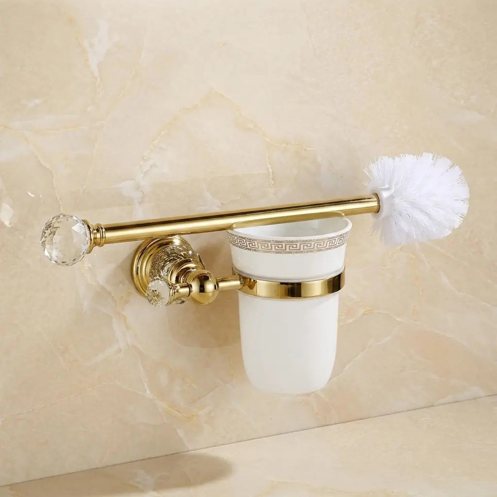 Luxury Gold Toilet Brush Holder — Crystal Wall Mounted Bathroom Set — Elegant White Ceramic Scrubber — Neoclassical Decorative Restroom Gift MaisonBrass