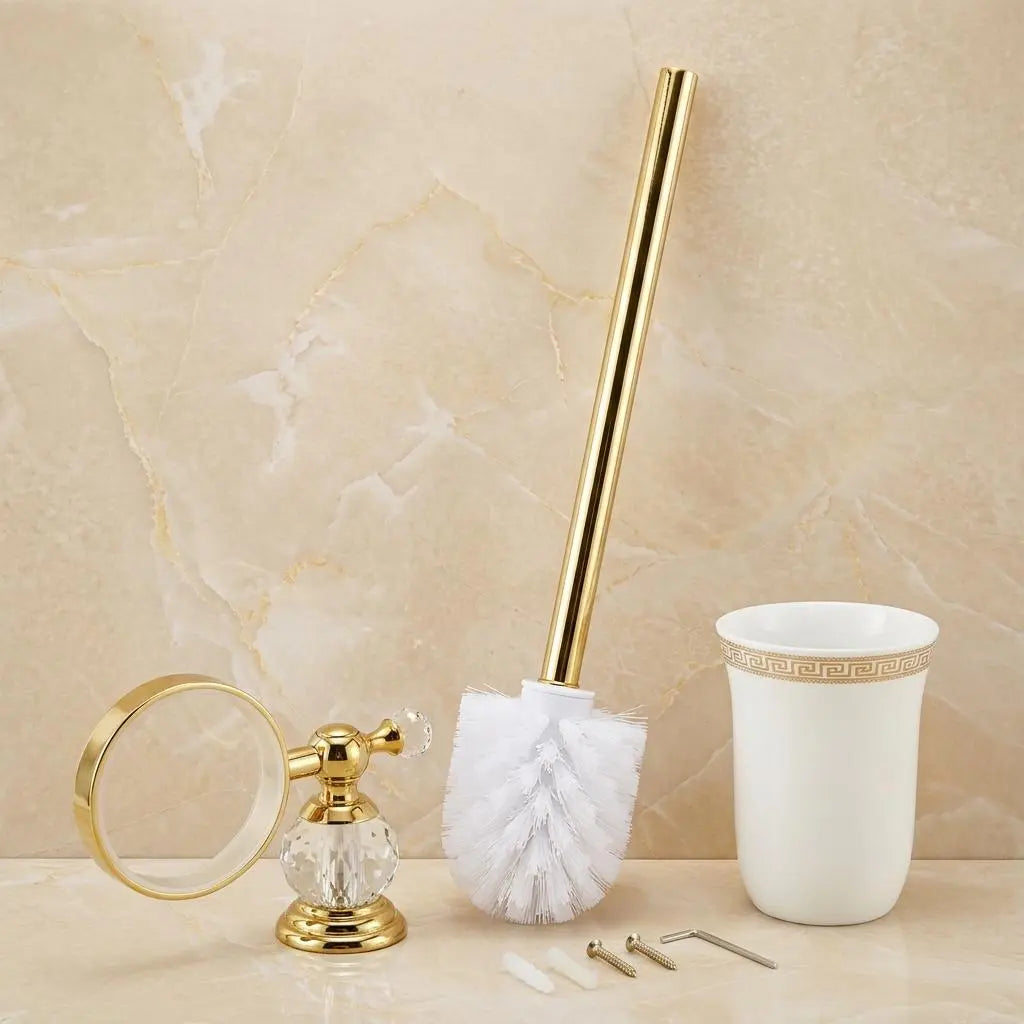 Luxury Gold Toilet Brush Holder — Crystal Wall Mounted Bathroom Set — Elegant White Ceramic Scrubber — Neoclassical Decorative Restroom Gift MaisonBrass