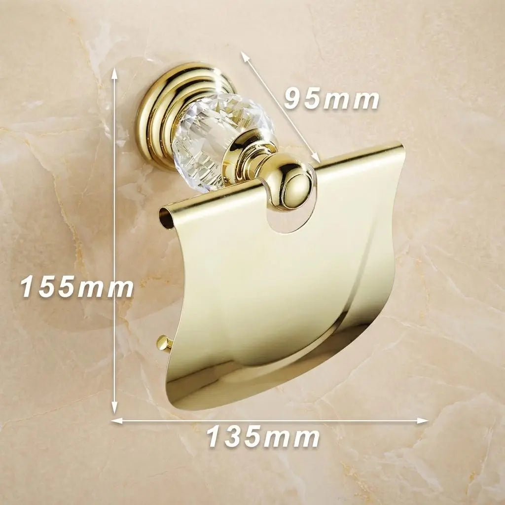 Gold Toilet Paper Holder with Crystal — Luxury Brass Roll Holder with Cover — Elegant Bathroom Decor — Wall Mounted Vintage Paper Holder MaisonBrass