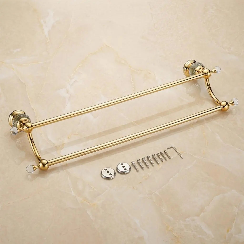 Gold Double Towel Bar - Wall Mounted Brass Towel Rack - Crystal End Towel Holder - Dual Rail Bathroom Accessory - Luxury Bathroom Towel Bar MaisonBrass