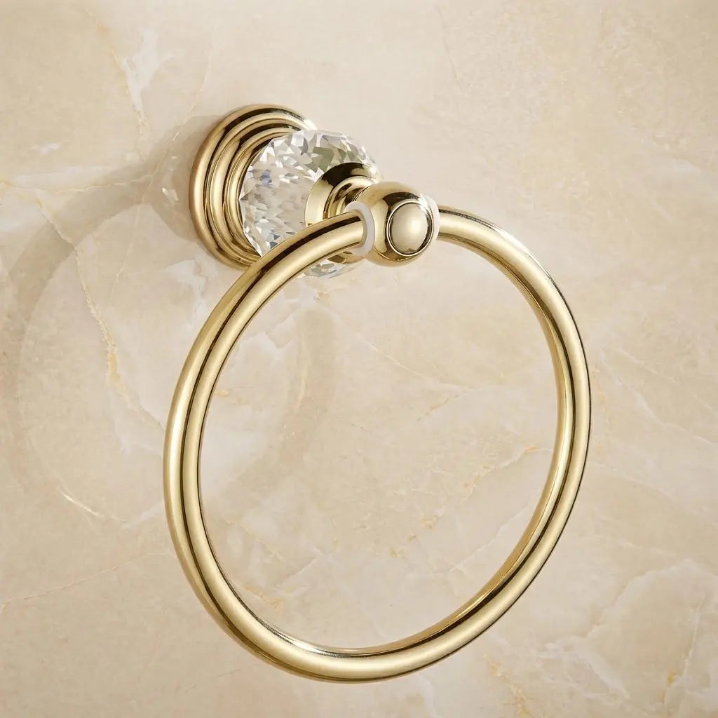 Gold Hand Towel Ring with Crystal Base — Vintage Brass Bathroom Towel Holder — Elegant Wall Mounted Towel Rack — Luxury Bathroom Decor Gift MaisonBrass