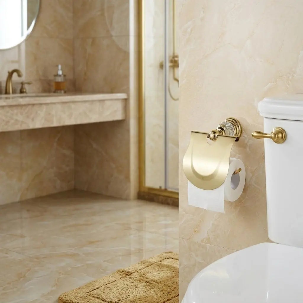 Gold Toilet Paper Holder with Crystal — Luxury Brass Roll Holder with Cover — Elegant Bathroom Decor — Wall Mounted Vintage Paper Holder MaisonBrass