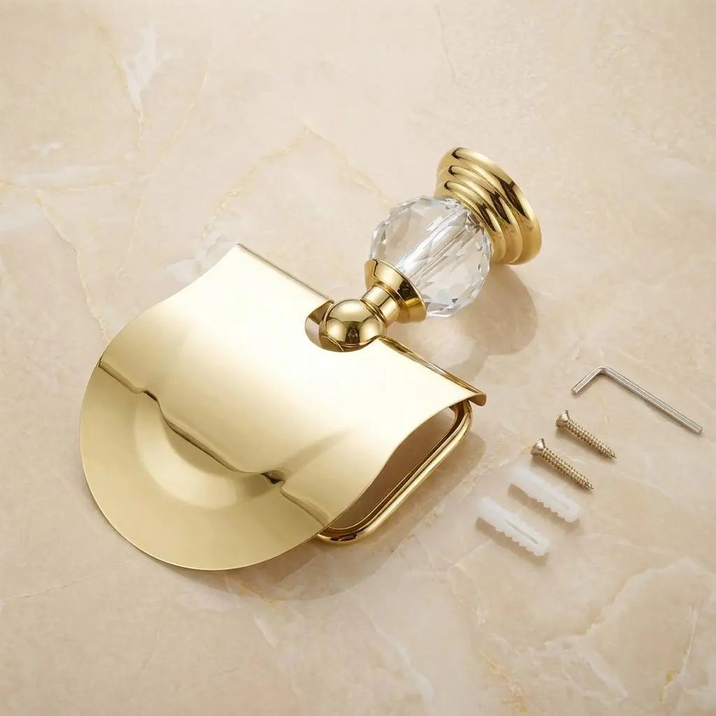 Gold Toilet Paper Holder with Crystal — Luxury Brass Roll Holder with Cover — Elegant Bathroom Decor — Wall Mounted Vintage Paper Holder MaisonBrass