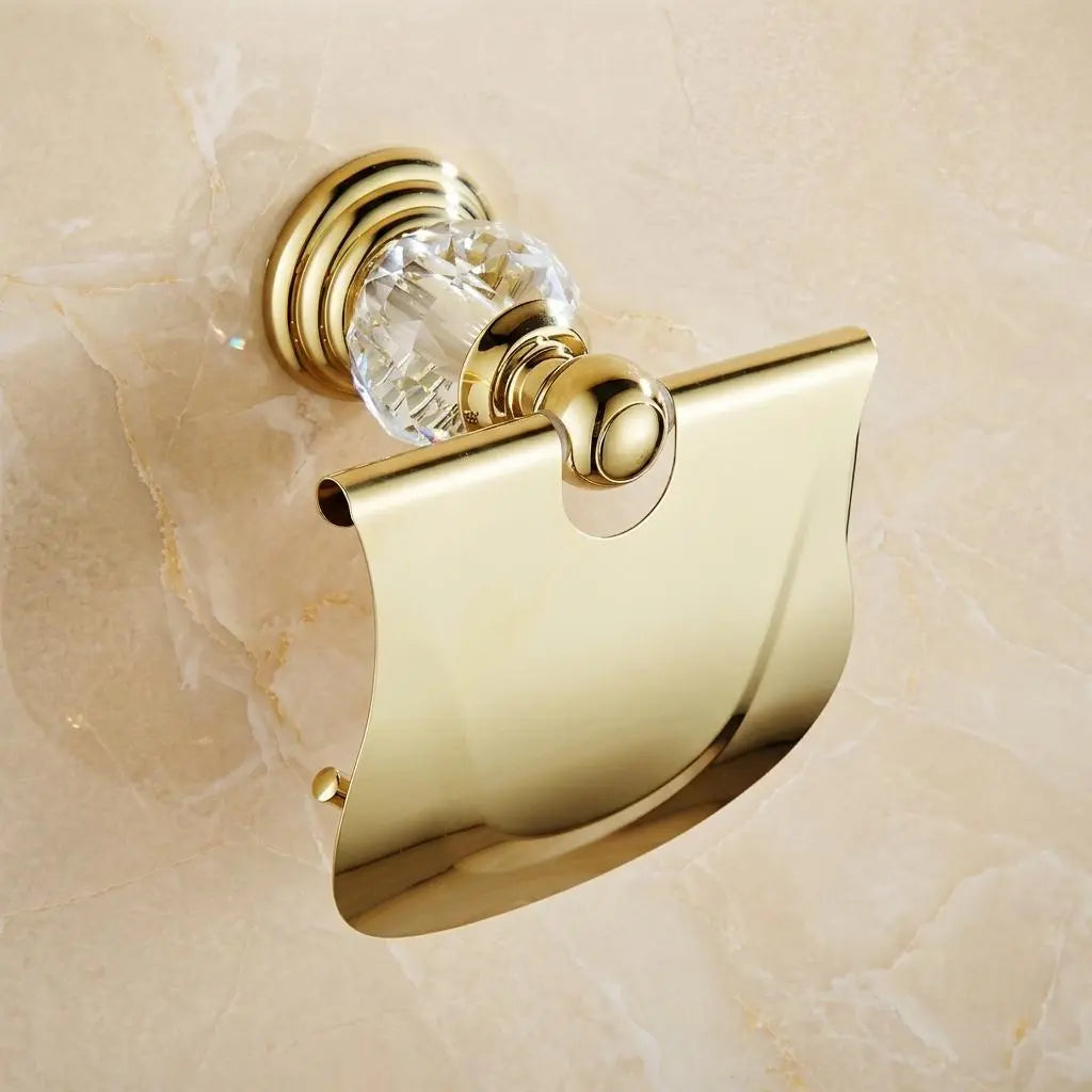 Gold Toilet Paper Holder with Crystal — Luxury Brass Roll Holder with Cover — Elegant Bathroom Decor — Wall Mounted Vintage Paper Holder MaisonBrass