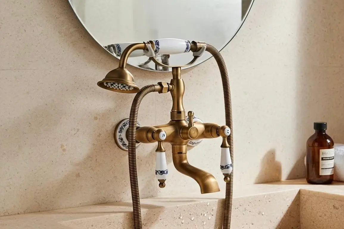 Mélangeur de baignoire rétro en laiton antique & poignées céramiques MaisonBrass