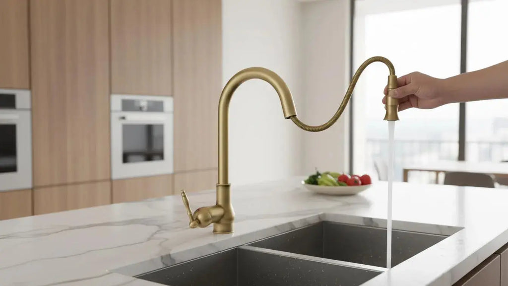 Mitigeur de cuisine col de cygne architectural en laiton brossé antique MaisonBrass