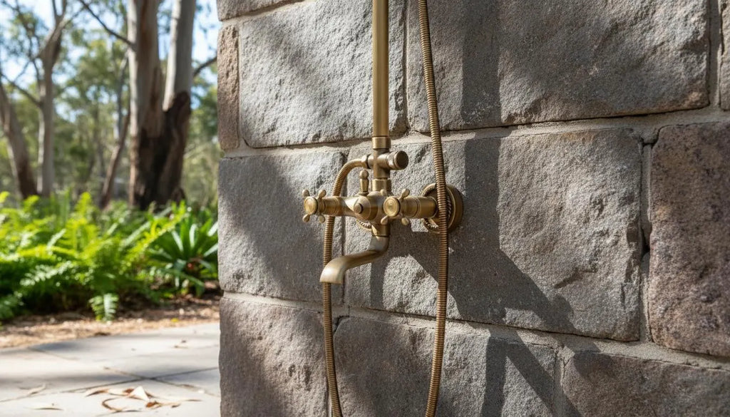 Poseidon — Colonne de douche thermostatique apparente en laiton brossé avec ciel de pluie et douchette MaisonBrass