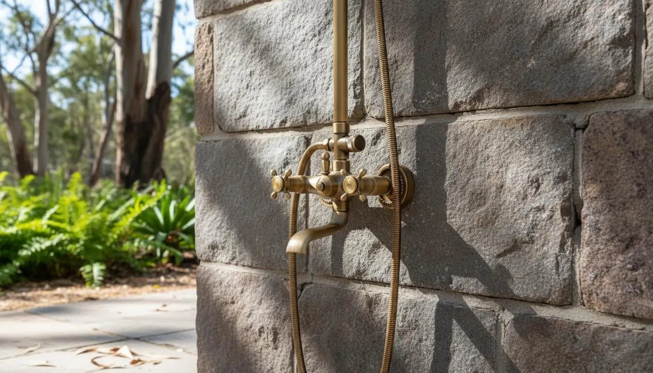 Poseidon — Colonne de douche thermostatique apparente en laiton brossé avec ciel de pluie et douchette MaisonBrass
