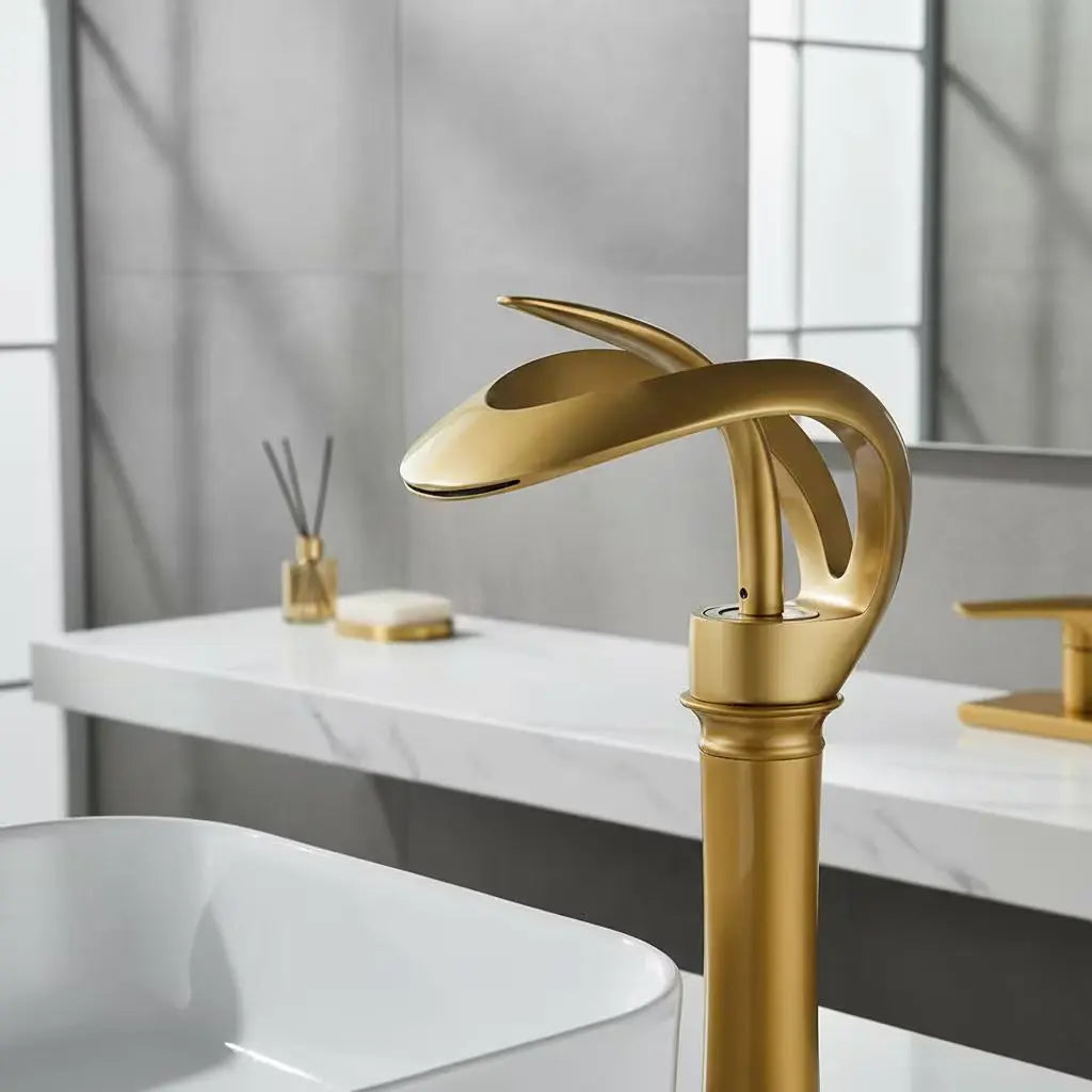 Robinet de lavabo en laiton doré, bec cascade, design sculpté floral MaisonBrass