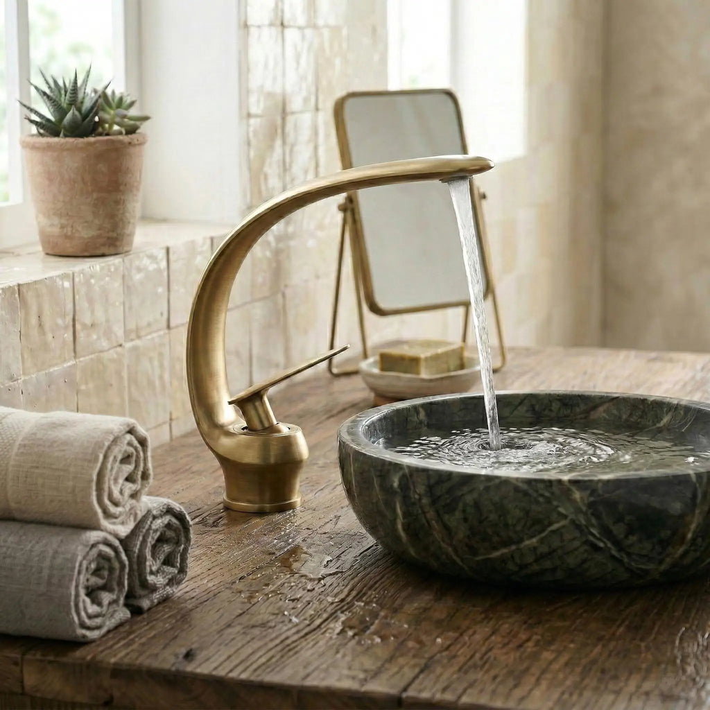 Robinet de lavabo en laiton brossé doré, bec arqué MaisonBrass