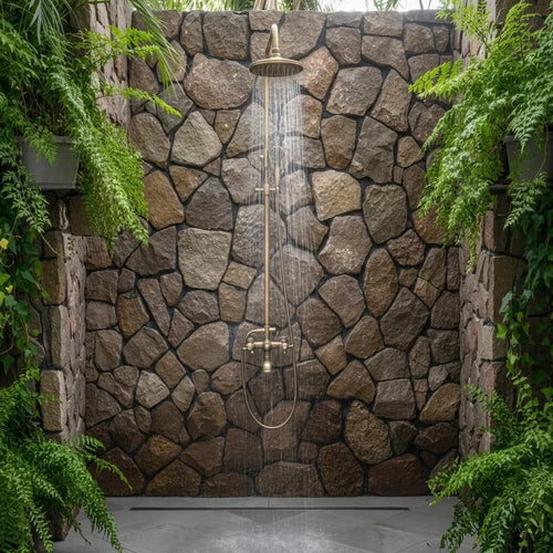 Poseidon — Colonne de douche thermostatique apparente en laiton brossé avec ciel de pluie et douchette MaisonBrass