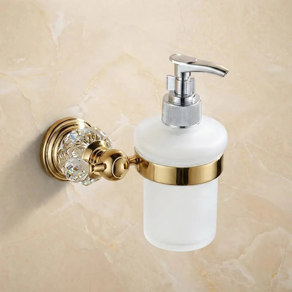 Gold Crystal Soap Dispenser Wall Mounted — Luxury Crystal Bathroom Decor — Frosted Glass Hand Wash Pump — Elegant Gold Liquid Soap Holder MaisonBrass