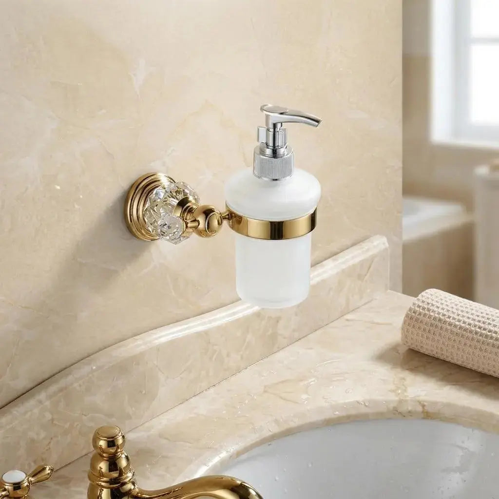 Gold Crystal Soap Dispenser Wall Mounted — Luxury Crystal Bathroom Decor — Frosted Glass Hand Wash Pump — Elegant Gold Liquid Soap Holder MaisonBrass