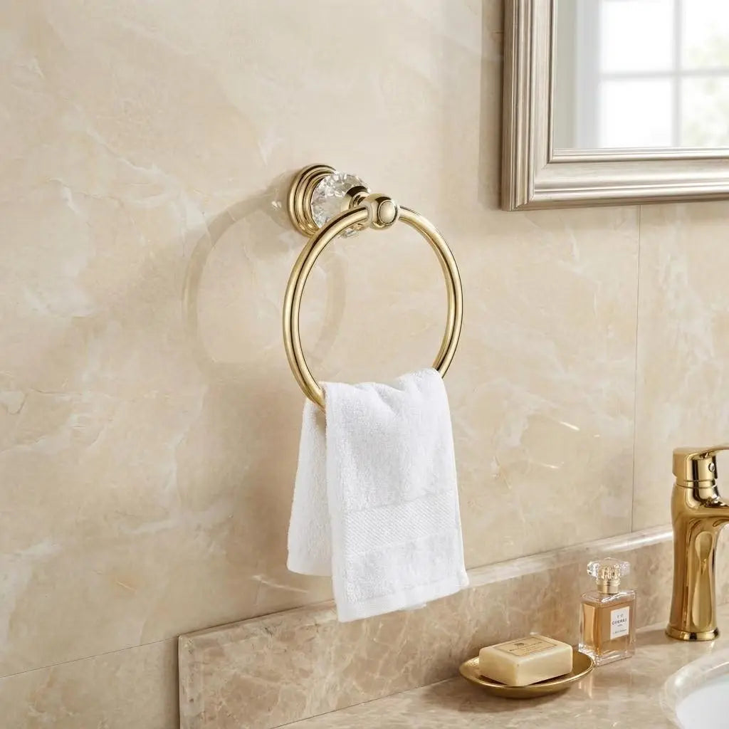 Gold Hand Towel Ring with Crystal Base — Vintage Brass Bathroom Towel Holder — Elegant Wall Mounted Towel Rack — Luxury Bathroom Decor Gift MaisonBrass