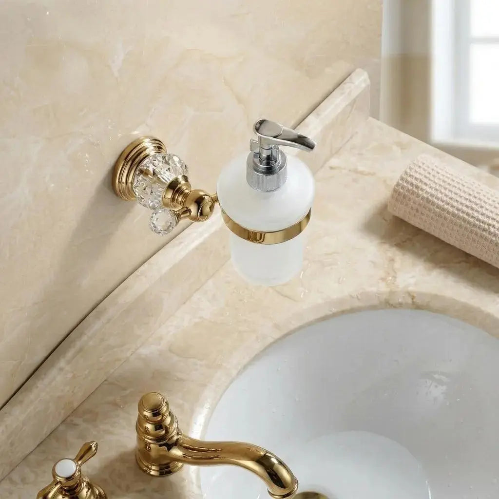 Gold Crystal Soap Dispenser Wall Mounted — Luxury Crystal Bathroom Decor — Frosted Glass Hand Wash Pump — Elegant Gold Liquid Soap Holder MaisonBrass