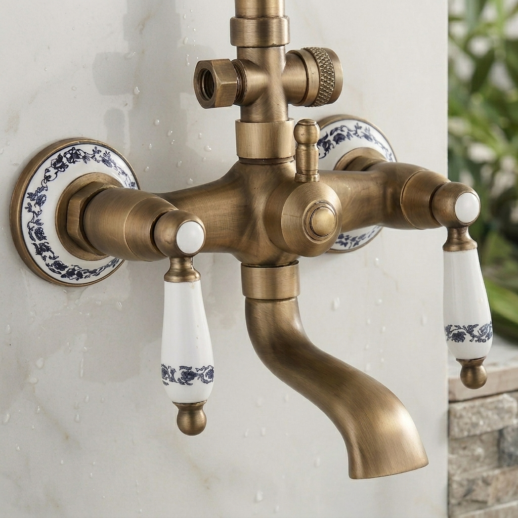 Pompéi — Colonne de douche en laiton massif brossé & poignées céramique MaisonBrass